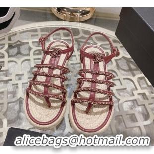 Low Price Chanel Lambskin Flat Sandals with Chain Burgundy 126131