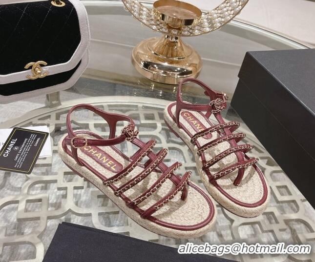 Low Price Chanel Lambskin Flat Sandals with Chain Burgundy 126131