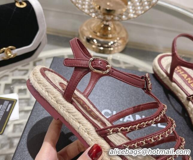 Low Price Chanel Lambskin Flat Sandals with Chain Burgundy 126131