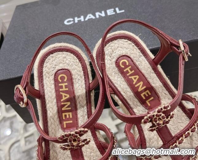 Low Price Chanel Lambskin Flat Sandals with Chain Burgundy 126131