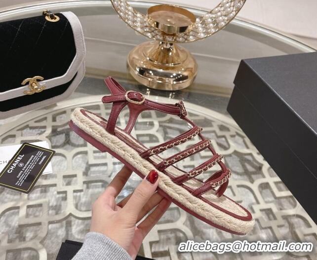 Low Price Chanel Lambskin Flat Sandals with Chain Burgundy 126131