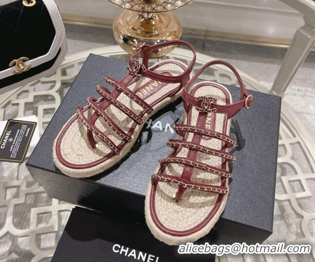 Low Price Chanel Lambskin Flat Sandals with Chain Burgundy 126131