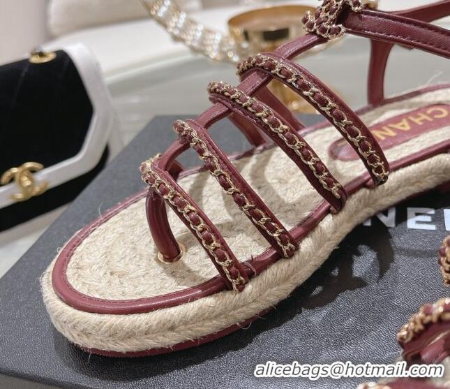 Low Price Chanel Lambskin Flat Sandals with Chain Burgundy 126131