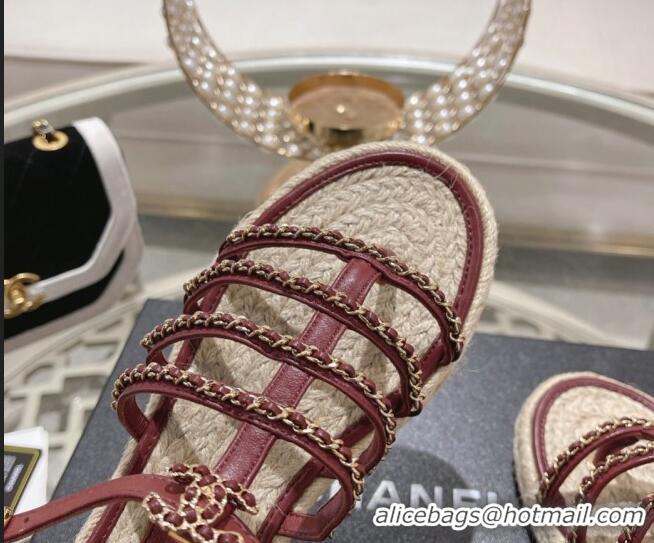 Low Price Chanel Lambskin Flat Sandals with Chain Burgundy 126131