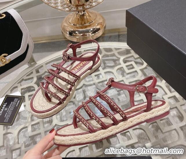 Low Price Chanel Lambskin Flat Sandals with Chain Burgundy 126131