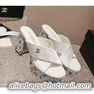 Grade Quality Chanel Satin & Crystals Sandals 9cm G45365 White 0126139