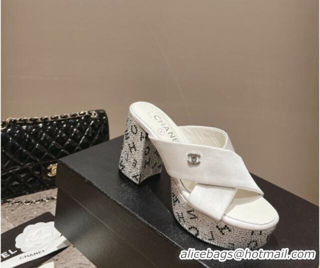 Grade Quality Chanel Satin & Crystals Sandals 9cm G45365 White 0126139