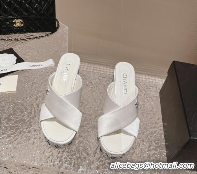 Grade Quality Chanel Satin & Crystals Sandals 9cm G45365 White 0126139