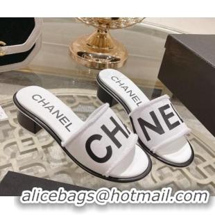 Lower Price Chanel Denim Heel Slide Sandals 4.5cm with Fringe Trim White 0126140