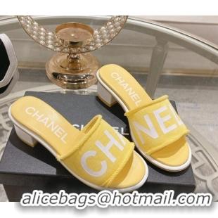 Top Design Chanel Denim Heel Slide Sandals 4.5cm with Fringe Trim Yellow 0126141