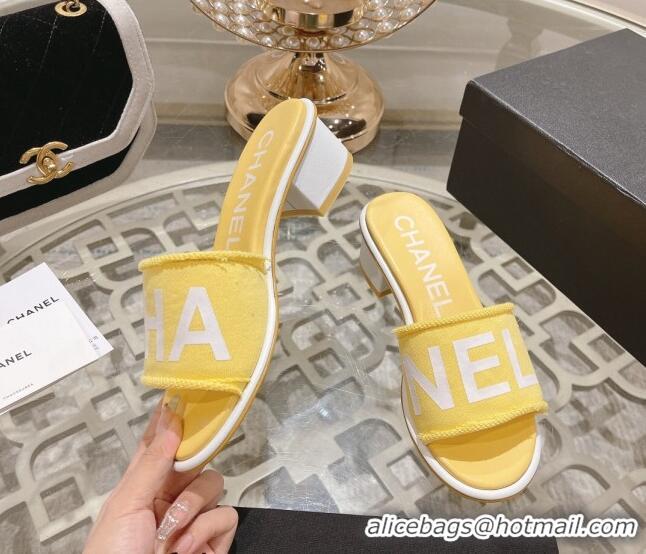 Top Design Chanel Denim Heel Slide Sandals 4.5cm with Fringe Trim Yellow 0126141