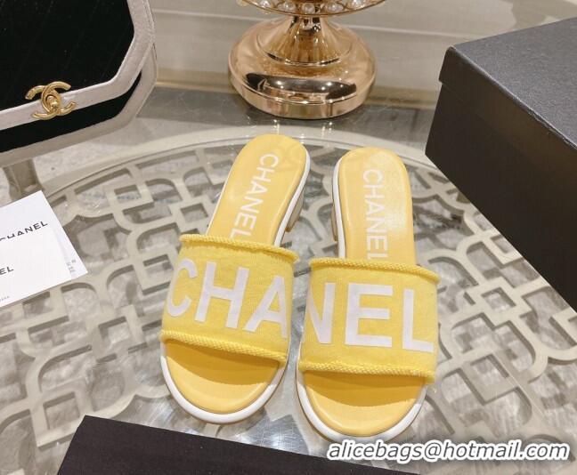 Top Design Chanel Denim Heel Slide Sandals 4.5cm with Fringe Trim Yellow 0126141