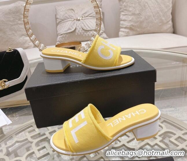 Top Design Chanel Denim Heel Slide Sandals 4.5cm with Fringe Trim Yellow 0126141