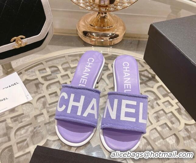 Good Quality Chanel Denim Heel Slide Sandals 4.5cm with Fringe Trim Purple 0126142