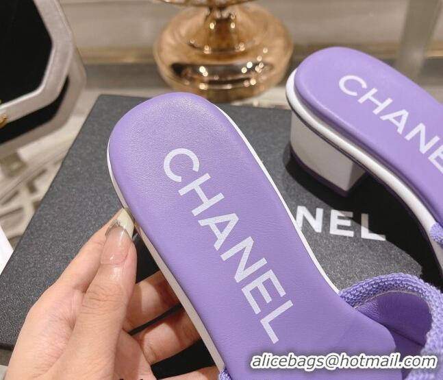 Good Quality Chanel Denim Heel Slide Sandals 4.5cm with Fringe Trim Purple 0126142