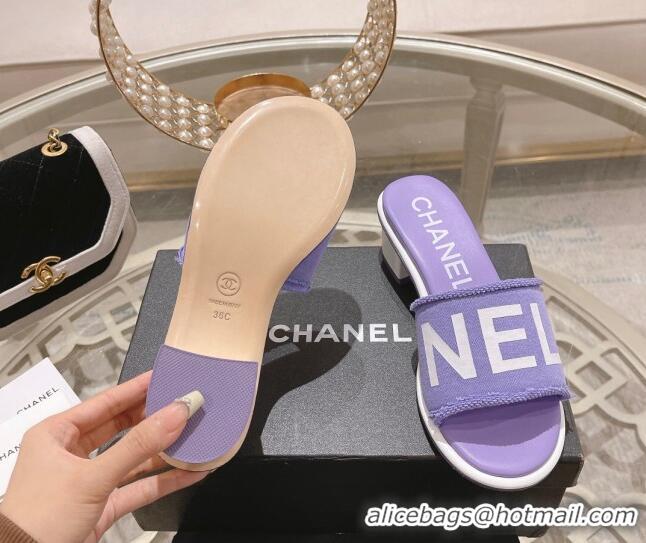 Good Quality Chanel Denim Heel Slide Sandals 4.5cm with Fringe Trim Purple 0126142