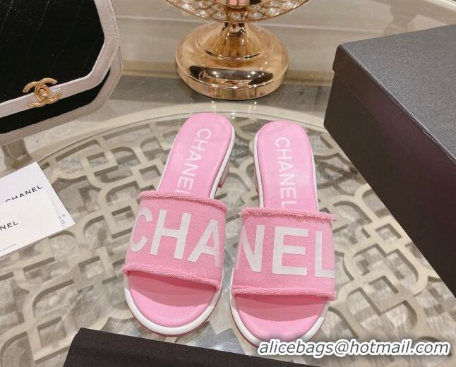 Purchase Chanel Denim Heel Slide Sandals 4.5cm with Fringe Trim Pink 0126143