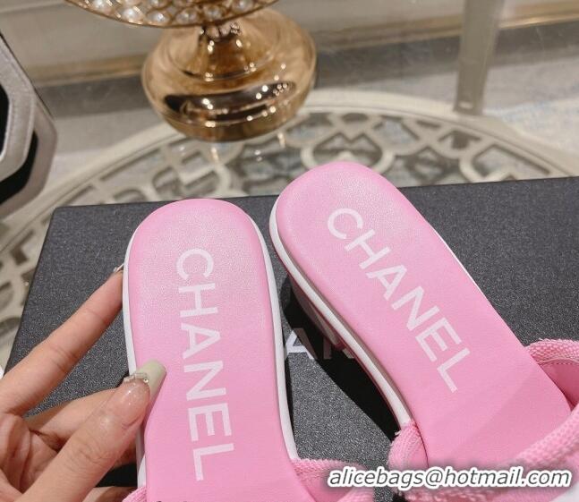 Purchase Chanel Denim Heel Slide Sandals 4.5cm with Fringe Trim Pink 0126143