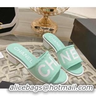 Most Popular Chanel Denim Heel Slide Sandals 4.5cm with Fringe Trim Light Green 0126144