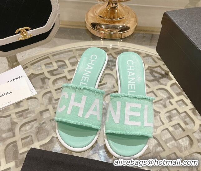 Most Popular Chanel Denim Heel Slide Sandals 4.5cm with Fringe Trim Light Green 0126144