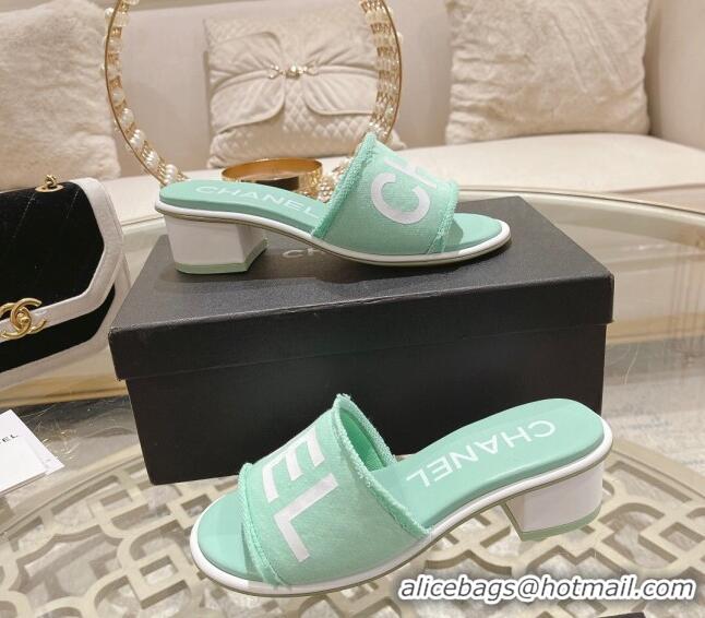 Most Popular Chanel Denim Heel Slide Sandals 4.5cm with Fringe Trim Light Green 0126144