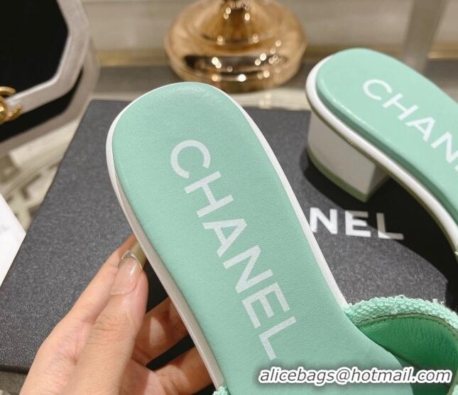 Most Popular Chanel Denim Heel Slide Sandals 4.5cm with Fringe Trim Light Green 0126144