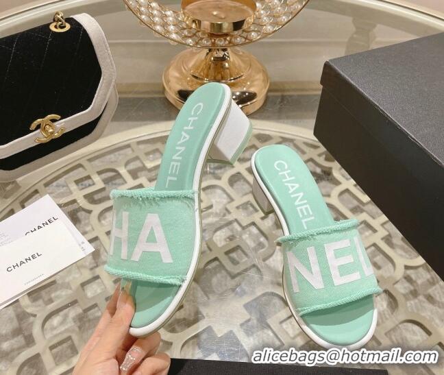 Most Popular Chanel Denim Heel Slide Sandals 4.5cm with Fringe Trim Light Green 0126144