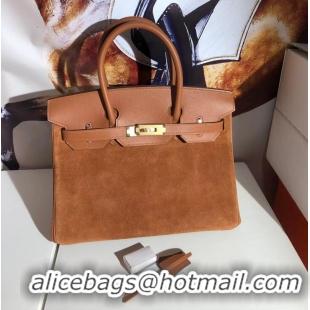 Top Quality Hermes Birkin 25cm Calf Leather and Suede Leather HB25 Brown Gold (Pure Handmade)