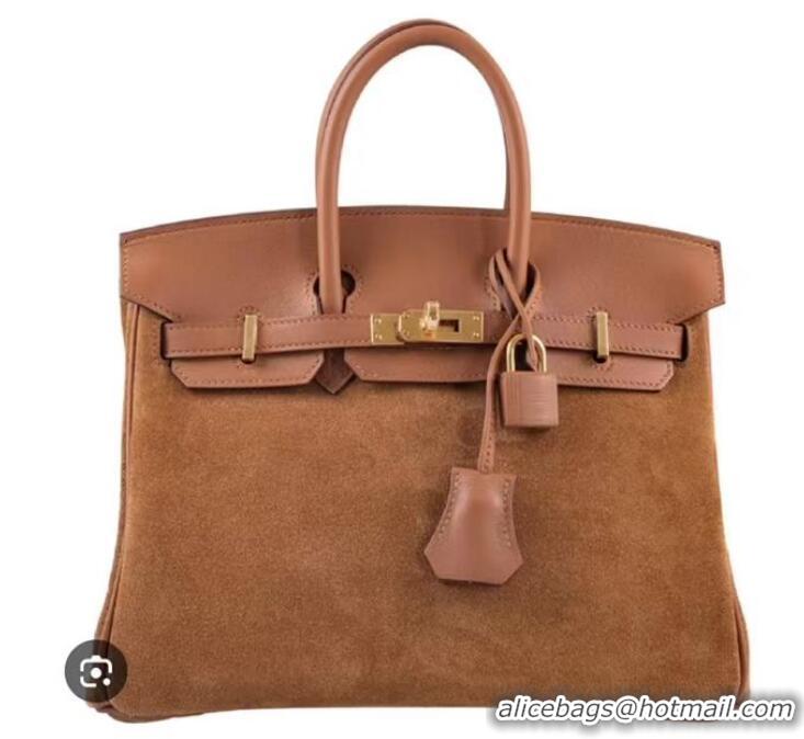 Top Quality Hermes Birkin 25cm Calf Leather and Suede Leather HB25 Brown Gold (Pure Handmade)