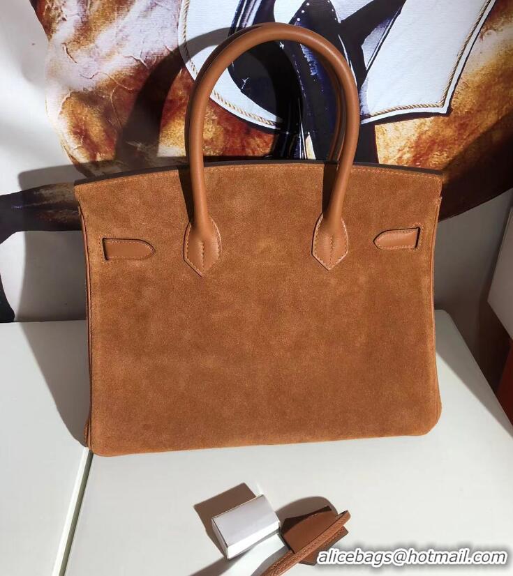 Top Quality Hermes Birkin 25cm Calf Leather and Suede Leather HB25 Brown Gold (Pure Handmade)