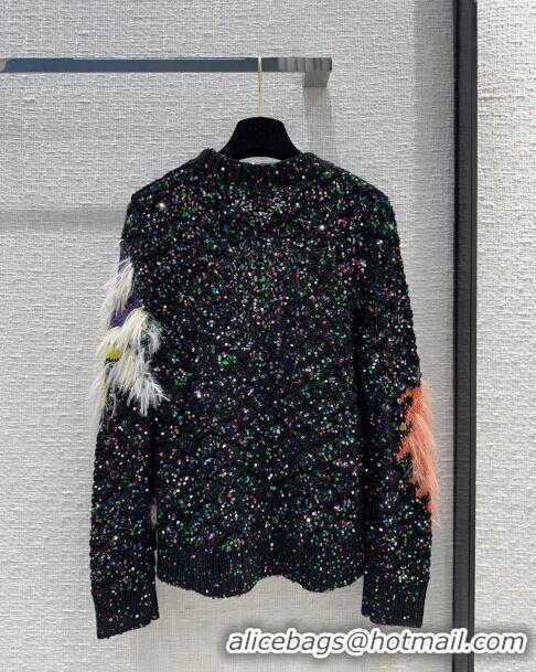 Super Quality Chanel Sequin Sweater with Feather CH120610 Black 2023