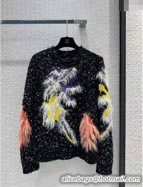 Super Quality Chanel Sequin Sweater with Feather CH120610 Black 2023