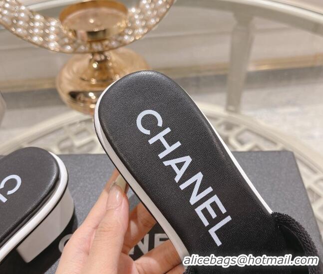 Perfect Chanel Denim Heel Slide Sandals 4.5cm with Fringe Trim Black 126145