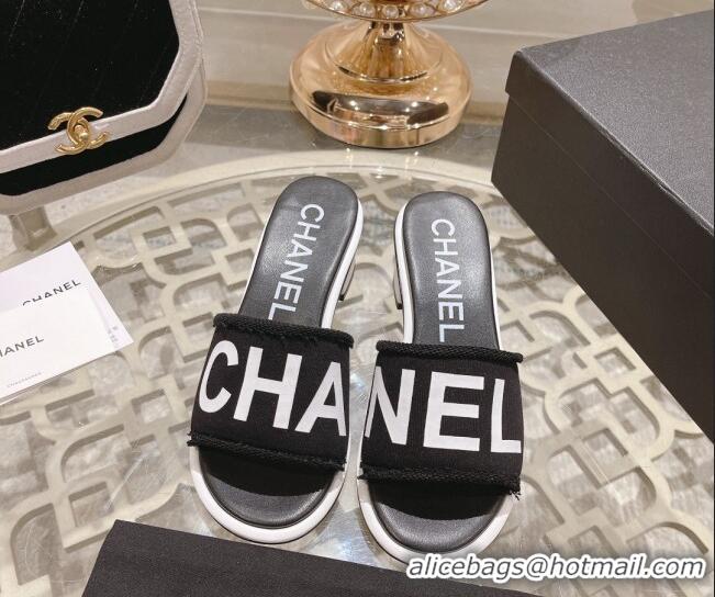 Perfect Chanel Denim Heel Slide Sandals 4.5cm with Fringe Trim Black 126145