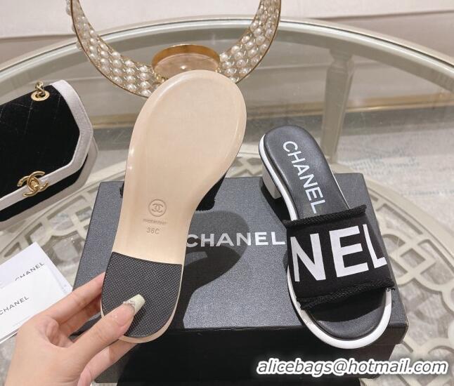 Perfect Chanel Denim Heel Slide Sandals 4.5cm with Fringe Trim Black 126145