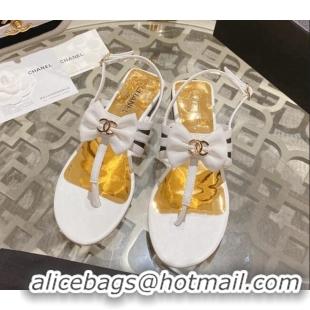 Leisure Chanel Lambskin Flat Thong Sandals with Bow White 0126146