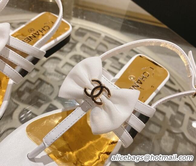 Leisure Chanel Lambskin Flat Thong Sandals with Bow White 0126146