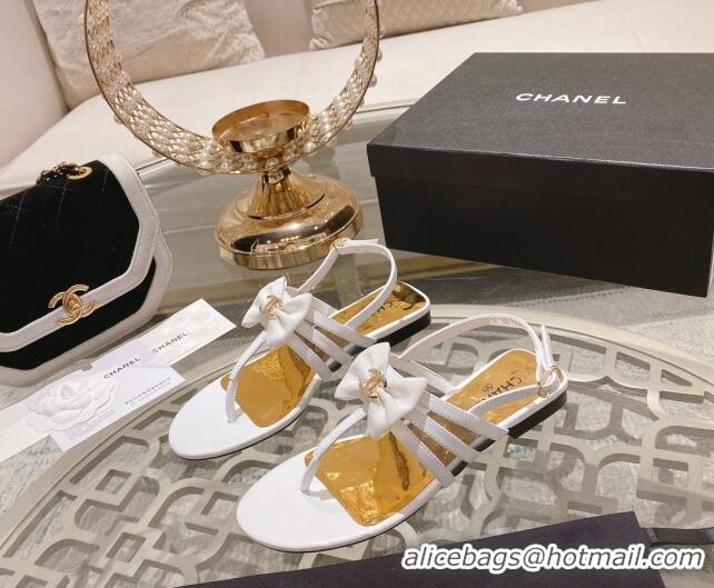 Leisure Chanel Lambskin Flat Thong Sandals with Bow White 0126146