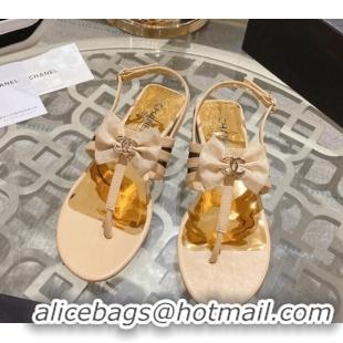 Generous Chanel Lambskin Flat Thong Sandals with Bow Beige 0126147