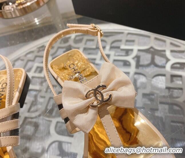 Generous Chanel Lambskin Flat Thong Sandals with Bow Beige 0126147