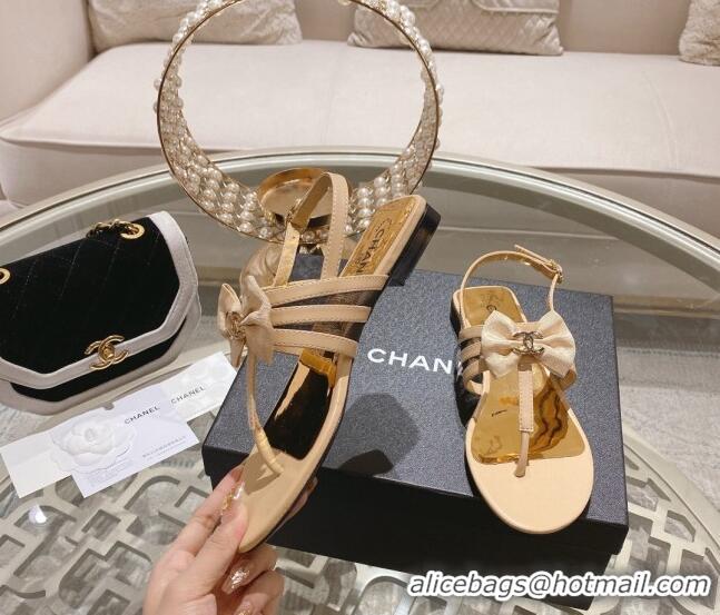 Generous Chanel Lambskin Flat Thong Sandals with Bow Beige 0126147