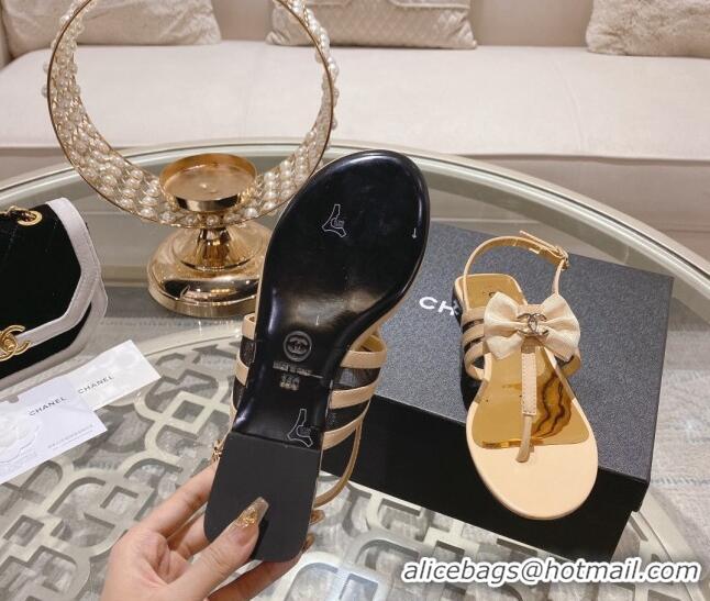 Generous Chanel Lambskin Flat Thong Sandals with Bow Beige 0126147