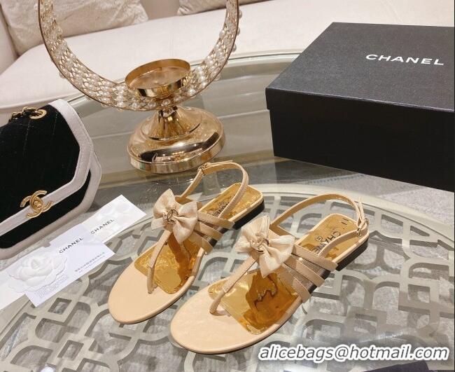 Generous Chanel Lambskin Flat Thong Sandals with Bow Beige 0126147