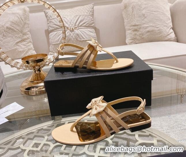 Generous Chanel Lambskin Flat Thong Sandals with Bow Beige 0126147