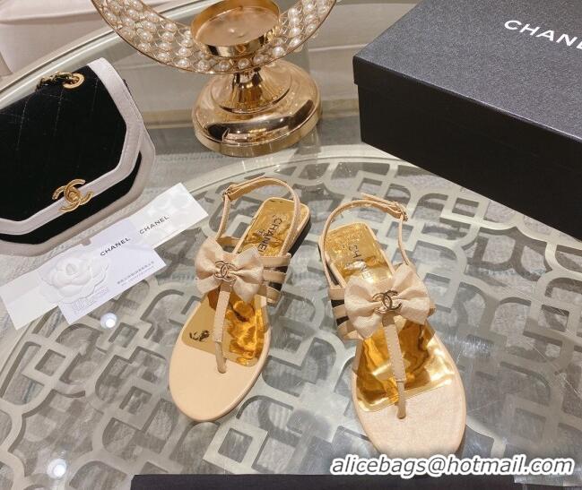 Generous Chanel Lambskin Flat Thong Sandals with Bow Beige 0126147