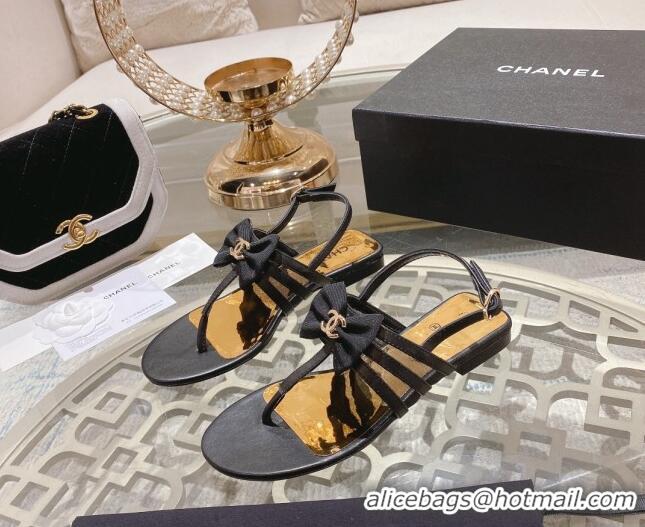 Unique Style Chanel Lambskin Flat Thong Sandals with Bow Black 0126148