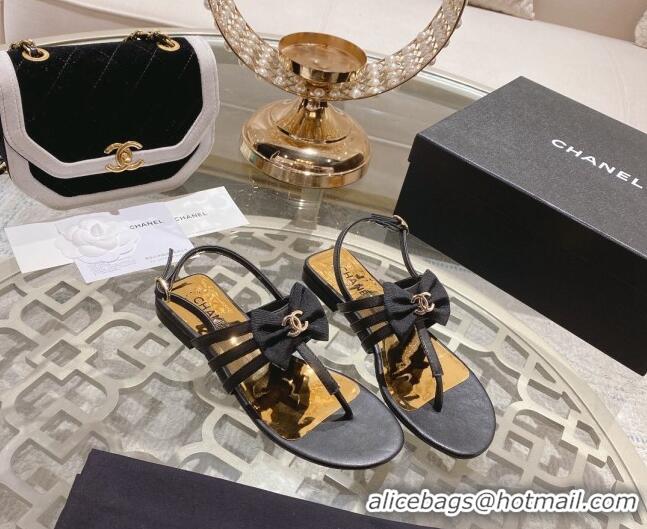 Unique Style Chanel Lambskin Flat Thong Sandals with Bow Black 0126148