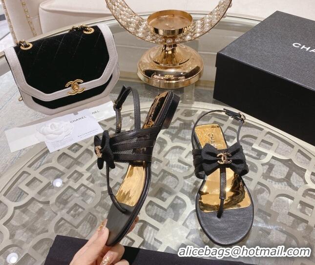 Unique Style Chanel Lambskin Flat Thong Sandals with Bow Black 0126148