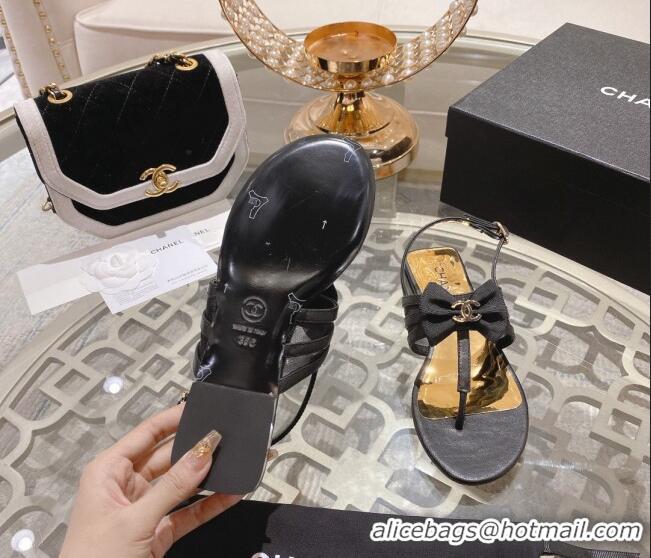 Unique Style Chanel Lambskin Flat Thong Sandals with Bow Black 0126148