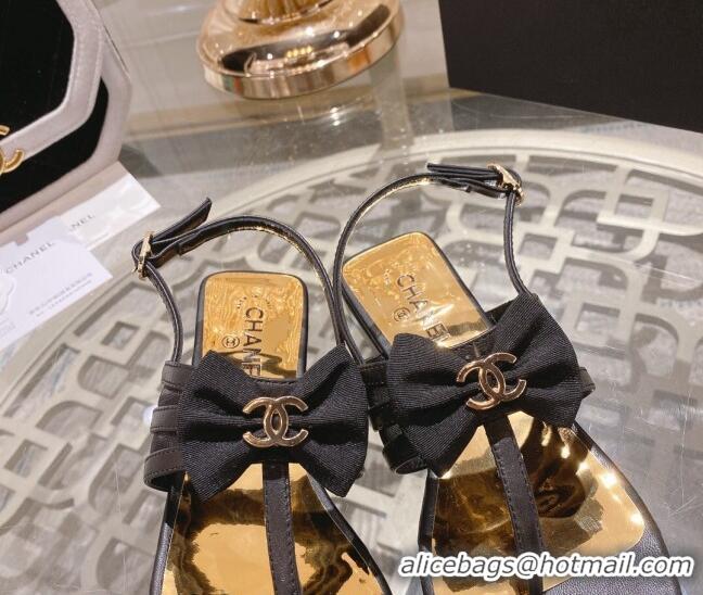 Unique Style Chanel Lambskin Flat Thong Sandals with Bow Black 0126148